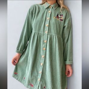 Vintage Disney Sage Green Corduroy Midi Dress with Embroidered Details